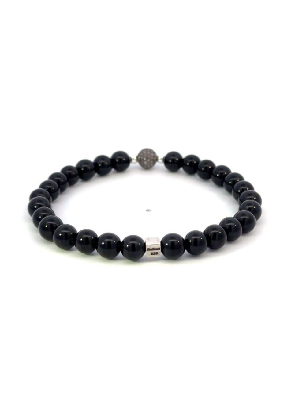 Black Onyx Gemstone Stretch Bracelet with Pave Diamond Bead Oxidized - Picture 3 of 10